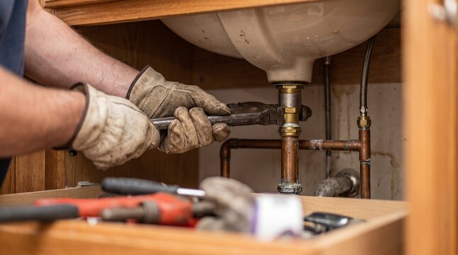 Close Up of Plumber Hands Fixing Pipe Under Sink with Wrench Tool