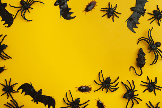 A modern greeting card for Halloween. Cobwebs, spiders, bats, a ghost on a fashionable orange background. A banner with a place to copy the text. Top view. Flat Lay.