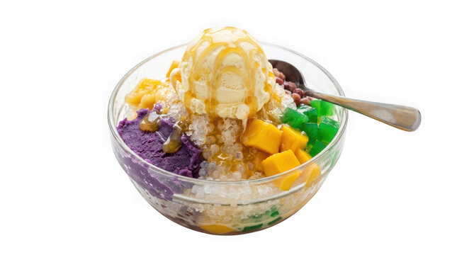 Halohalo dessert with ube ice cream, mango, and jellies in a glass bowl isolated on transparent background