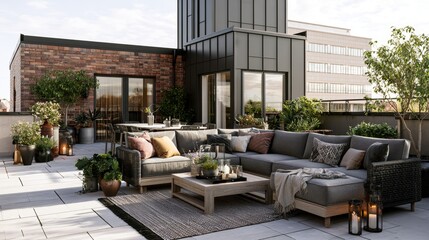 Fototapeta premium Modern Urban Rooftop Terrace Lounge with Cozy Seating, Greenery, and Stylish Decor for Relaxation and Entertaining