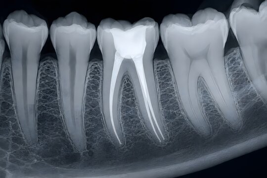 Dental X-ray view of molar tooth root canal filling