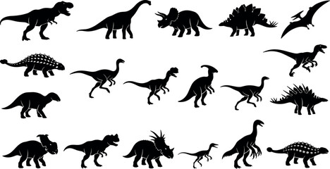 Dinosaur Silhouettes Collection with Varied Prehistoric Species Icons, Solid Black Vector Set for Educational Design © Karima Khatun 