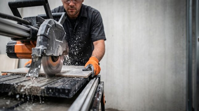 Professional Tiler Cutting Ceramic Tile with Wet Tile Saw Power Tool on Construction Site