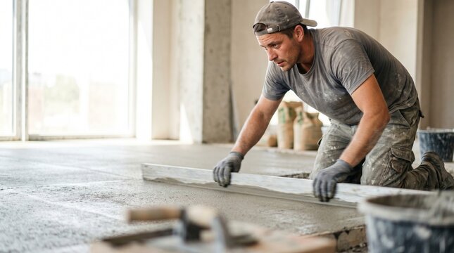Construction Worker Screeding Fresh Concrete Floor in Industrial Building