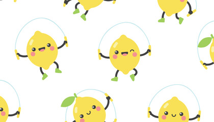 Fototapeta premium Energetic seamless pattern of cute yellow cartoon lemon characters jumping rope on white background for kids.
