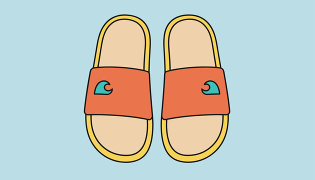 Pair of orange summer beach sandals with a wave emblem on the strap isolated on a light blue background.
