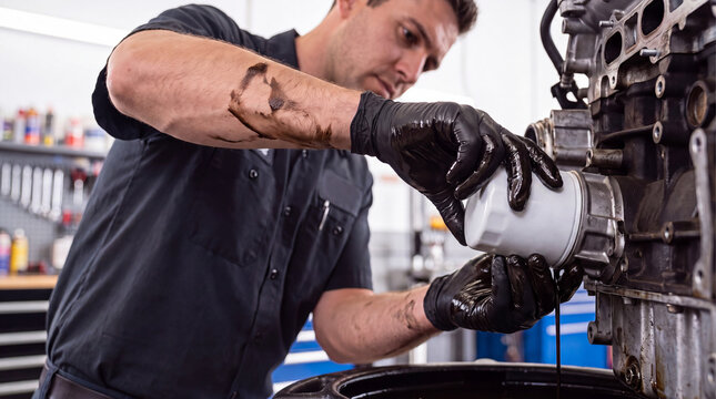 Male mechanic replacing oil filter with black fluid in workshop  