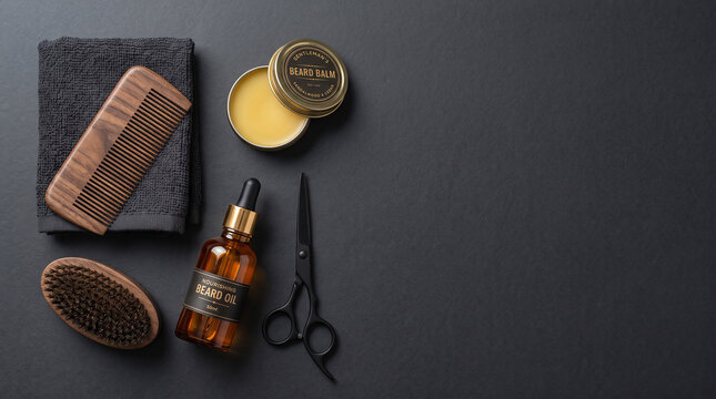 Beard grooming essentials flat lay with wooden comb brush scissors oil bottle and balm tin on dark background symbolizing men&rsquo;s self-care style and professional grooming  generative ai