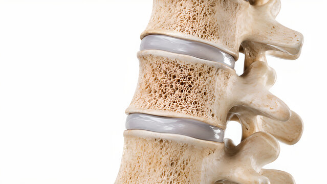 Osteoporosis bone with reduced density in photorealistic medical 3D cutaway, showing porous trabecular structure for healthcare, medical education, radiology, and patient education visual