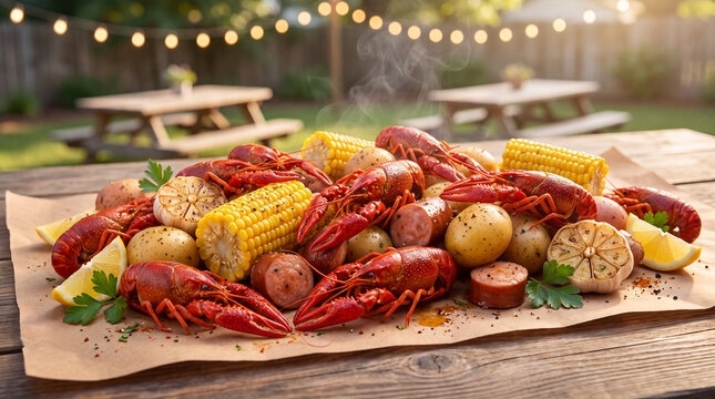 Crawfish boil with corn, potatoes, and sausage on wooden table  