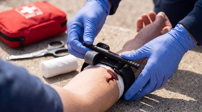 First aid responder applying tourniquet to bleeding arm outdoors  