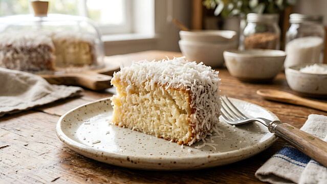 Traditional Brazilian coconut cake covered with shredded coconut, perfectly sliced on rustic ceramic plate, homemade bakery atmosphere, bright natural lighting