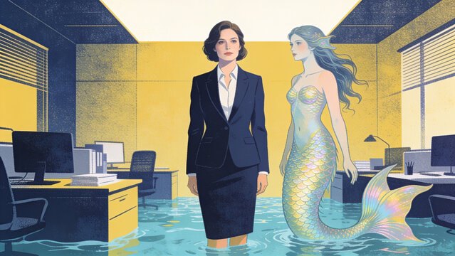 Professional businesswoman and AI hologram partner in modern office. Futuristic executive collaborating with digital avatar for innovation and stra...