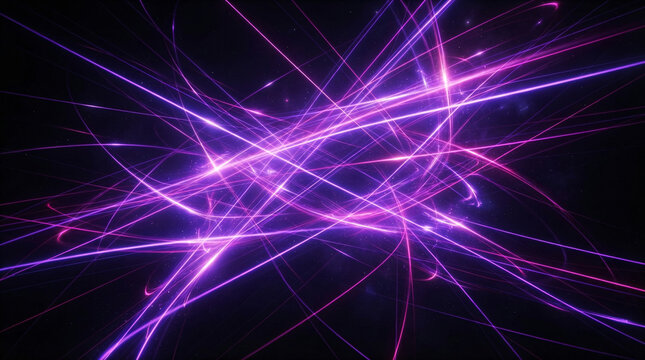 Fond abstrait avec des lignes lumineuses violettes et dynamiques sur un arri&egrave;re-plan sombre.