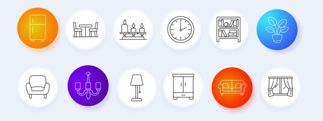Furniture set icon. Refrigerator appliance, dining table, candle decoration, wall clock, bookshelf storage, potted plant, lounge chair, hanging chandelier, standing lamp, curtain window collection. © Anastasia