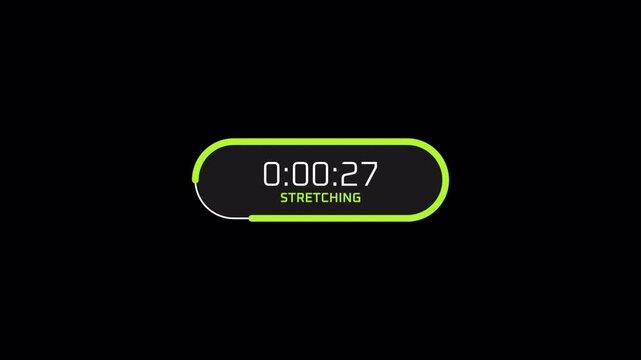 Digital stretching exercise timer countdown interface with progress bar.