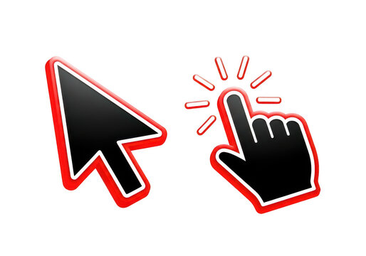 A computer mouse pointer and a clicking hand icon isolated on transparent background