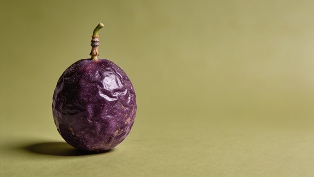 Close-up of a single glossy purple eggplant on neutral background for food photography