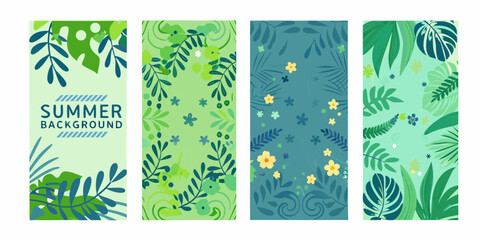 tropical leaves and flowers vector banners on white background banner illustration summer green © Ankan