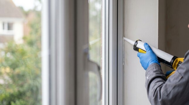 Worker Sealing Window Frame with Silicone Caulking Gun for Energy Efficiency