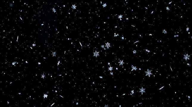 Flocons de neige tombant doucement sur un fond noir contrast&eacute;.