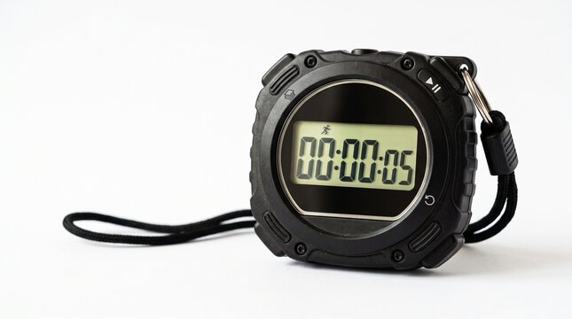Digital Stopwatch with Running Figure Icon Displaying Five Seconds on a White Background