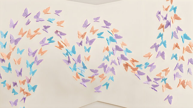Many colorful paper butterflies flying in a wavy pattern design