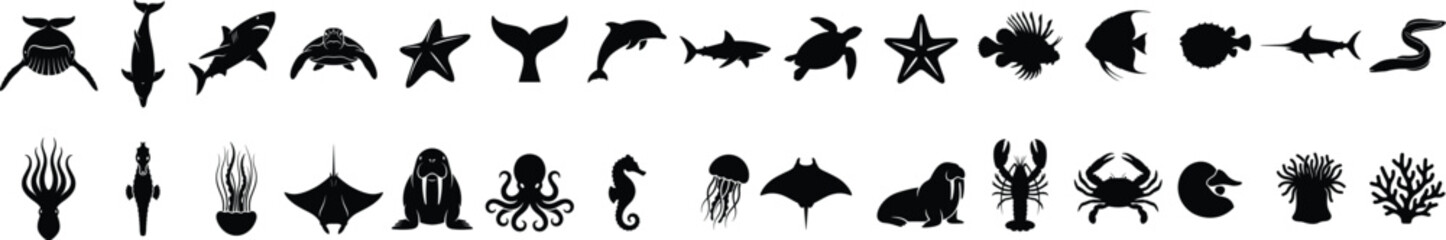 Large set of black marine animal silhouettes including sharks turtles whales dolphins jellyfish octopuses crabs and corals isolated on white background  © MstMonjila
