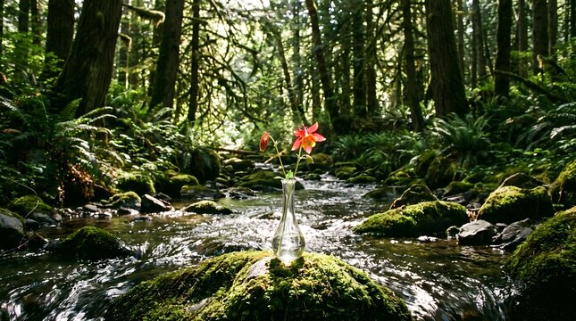 Serene Forest Stream With Flowing Water. Nature Landscape Scene With Lush Greenery And Sunlight Filtering Through Trees. Tranquil Outdoor Environme...