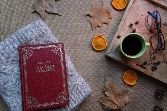 Cozy Autumn Still Life with Coffee, Book, and Dried Oranges