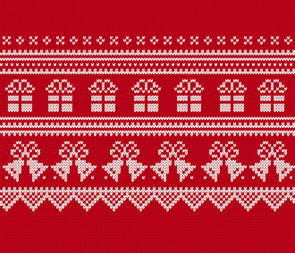 Red Christmas seamless pattern. Knit print with houses and Christmas bells. Knitted sweater background with hut, snowflakes. Xmas geometric texture. Holiday fair isle ornament. Vector illustration