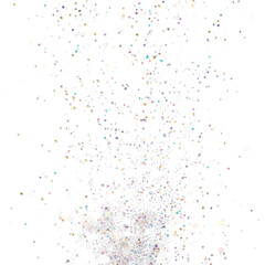 Naklejka premium Microscopic iridescent glitter particles burst in dynamic spray, vivid pinks, blues, greens, golds shimmering against a transparent background with a soft, creamy bokeh, magical festive atmosphere