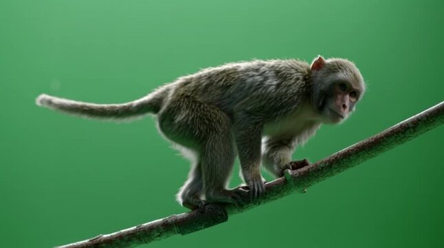 Monkey walking on a wooden branch isolated on a solid green background for keying compositing VFX