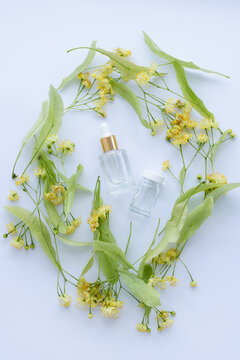 Linden extract in a small glass bottles. Herbal medicines concept.