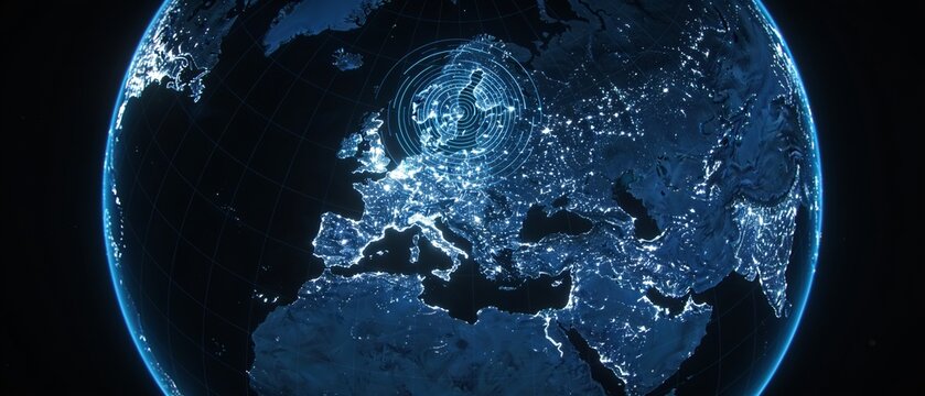Earth at night showcasing illuminated Europe and Asia from space with vibrant city lights
