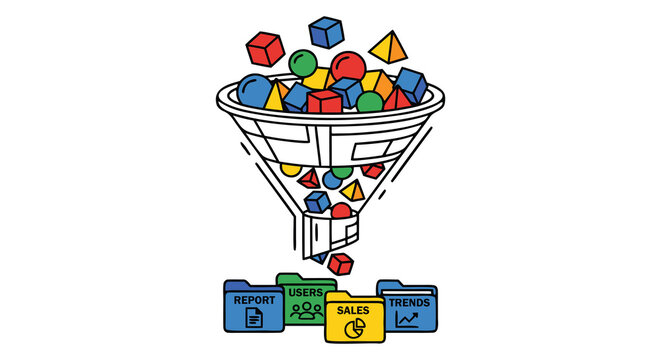 Data Processing Funnel Illustration Featuring Organized Categorization of Information into Specific Digital Folder Folders for Business Analysis