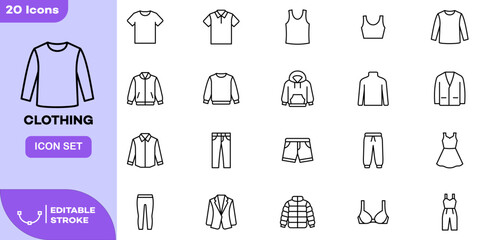 Clothing Apparel Fashion Line Icon Set. Wardrobe Outfit Garment Outline Symbol Collection with Shirt, Hoodie, Jacket, Jeans, Dress, Sweater and Blazer Icons. Editable Stroke Vector © Tuhin23
