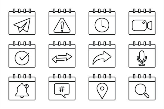 Set of line art calendar planner icons featuring location hashtag alert send and schedule symbols for modern web and app interface.