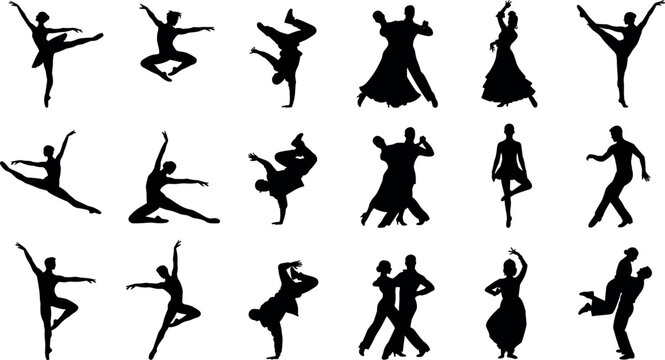 Dancing Silhouettes Set of Black Dance Figures in Energetic Poses Against White Background for Choreography Design