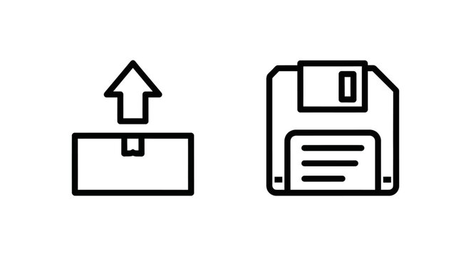 Export package and save floppy disk line art icons with minimalist interface illustration isolated technology business computing transfer archiving management