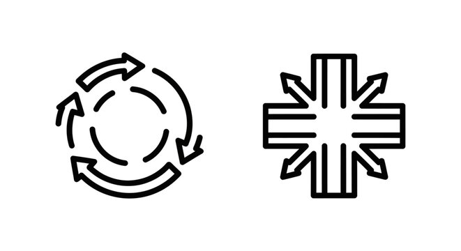 Circular refresh cycle and directional cross arrows icon set with direction rotation navigation movement indicator pointing decision waypoint junction distribution strategy