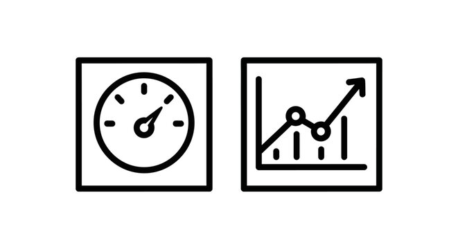 Performance speedometer gauge and data output tracker chart icon set with speedometer performance analysis business measurement statistics indicator monitoring tracking progress