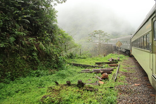 Vag&otilde;es de um trem, em linha, passando pelos campos, numa manh&atilde;, fria e com n&eacute;voa, umida, nas serra da graciosa no Paran&aacute;. 