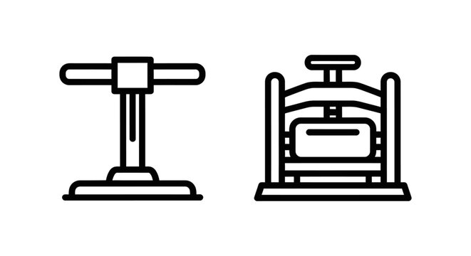 Manual hand pump and mechanical press outline icons with mechanical machinery equipment industrial hydraulic pressure compression engineering manufacturing production activation