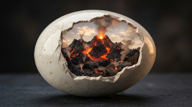 Broken eggshell with volcanic landscape inside
