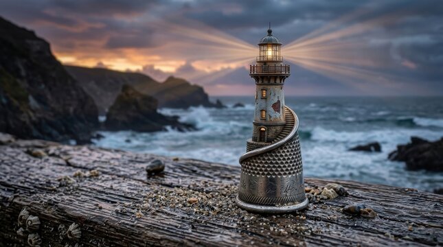 Lighthouse shaped thimble on a wooden pier by the sea