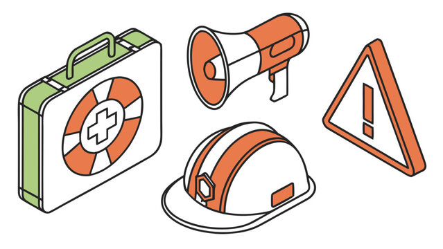 Emergency safety equipment icons including first aid kit, megaphone, construction helmet and warning sign in flat outline style isolated on white