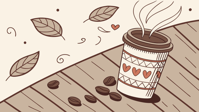 International Coffee Day concept with steaming takeaway coffee cup, roasted beans and autumn leaves on wooden table