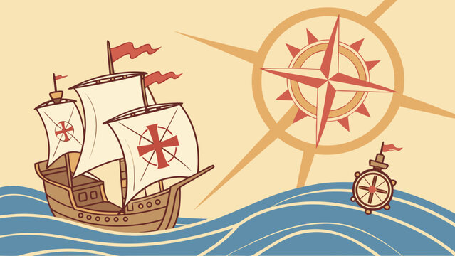 Historic sailing ship with compass rose and ocean waves representing Columbus Day and Indigenous Peoples' Day on vintage background