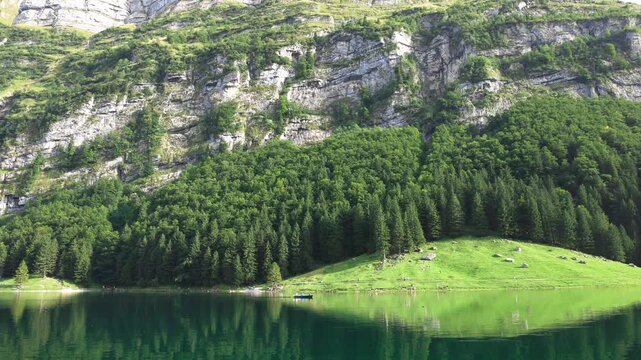 Tranquil Seealpsee Lake Reflection in Swiss Alps, Appenzell Region